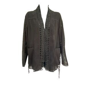 Elie Tahari Black Fish Net Open Front Belted Cardigan Sz S